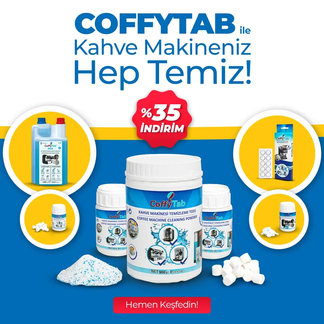 CoffyTab Kahve Makinesi Temizlik Ekipmanları %35 İndirim Kampanyası