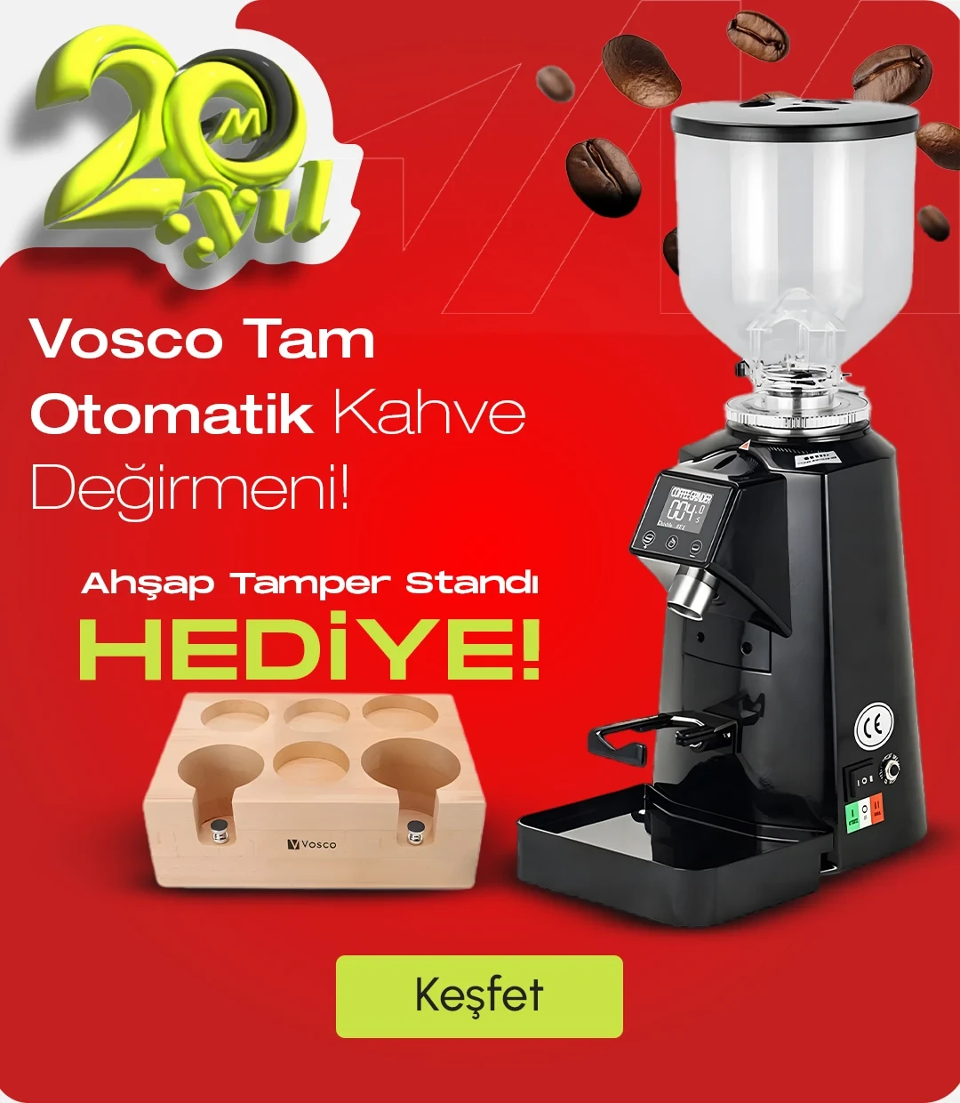 Vosco KDP 50 Tam Otomatik Kahve Değirme Ahşap Tamper Standı Hediyeli