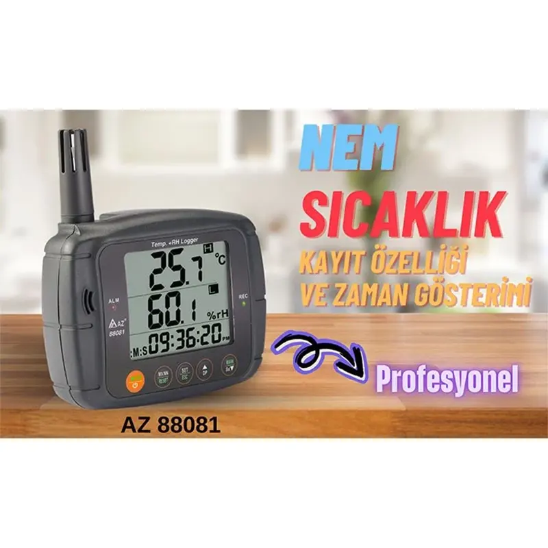 AZ 88081 Profesyonel Sıcaklık ve Nem Ölçer, Kayıt Özellikli - 3