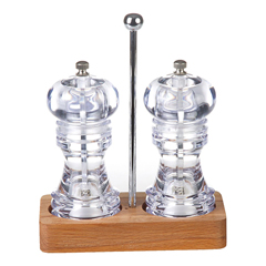 Biradlı Acrylic Salt and Pepper Mill Set, 15 cm, with Wooden Base - Biradlı