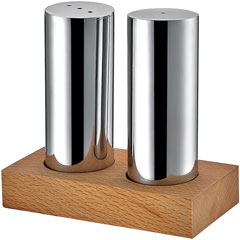 Groovy Wooden Rectangular Stand Round 2-piece Salt Shaker Set, Glossy-Matte - Groovy