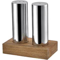 Groovy Wooden Rectangular Stand Round 2-Piece Slim Salt Shaker Set, Glossy-Matte - Groovy