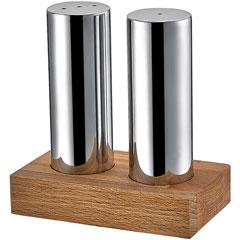 Groovy Wooden Rectangular Stand Round 2-piece Thin Salt Shaker Set, Glossy-Matte - Groovy