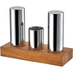 Groovy Wooden Rectangular Stand Round Set of 3 Thin Salt Shakers, Glossy-Matte - Groovy