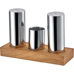 Groovy Wooden Rectangular Stand Round 3-Piece Salt Shaker Set, Glossy-Matte - Groovy