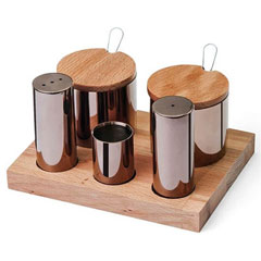 Groovy Wooden Stand 5-Piece Salt Shaker Spice Set, Round, Copper - Groovy