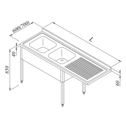 Dishwasher Top Sink Unit Work Table 2G/1D Right Disassembled 190x60 cm - Öztiryakiler
