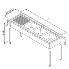 Work Tables with Sink 3G/1D Left 3 Curtained Disassembled 190x60 cm - Öztiryakiler