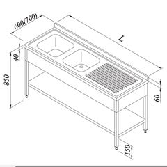 Work Tables with Sink 2G/1D Right 3 Curtains Base Shelved 180x70 cm - Öztiryakiler