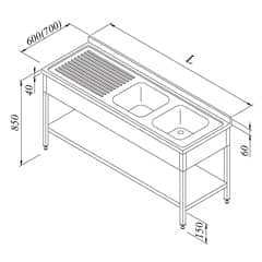 Work Tables with Sink 2G/1D Left 3 Curtained Base Shelved 150x60 cm - Öztiryakiler