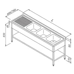 Work Tables with Sink 3G / 1D Left 3 Curtains Base Shelved 190x60 cm - Öztiryakiler