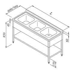 Work Tables with Sink 3 Compartment 3 Curtained Base Shelved 190x70 cm - Öztiryakiler