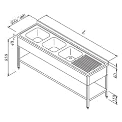 Work Tables with Sink 3 Compartment / 1 Drain Right 3 Curtained Base Shelved 240x70 cm - Öztiryakiler