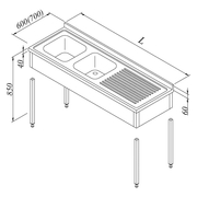 Work Table with Sink 2G/1D Right 3 Curtain Base Shelf 150x70 cm - 1