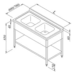 Work Table with Sink 2G 3 Curtain Base Shelved 140x70 cm, Wide Size - Öztiryakiler