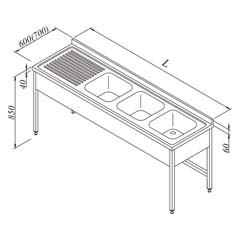 Work Table with Sink 3G/1D Left 3 Curtain 210x60 cm - Öztiryakiler