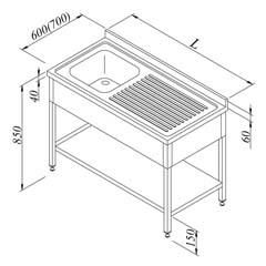 Work Tables with Sink 1G/1D Right 3 Curtain Base Shelved 140x70 cm - Öztiryakiler