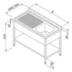 Work Tables with Sink 1L/1R Left 3 Curtain Base Shelved 100x70 cm - Öztiryakiler